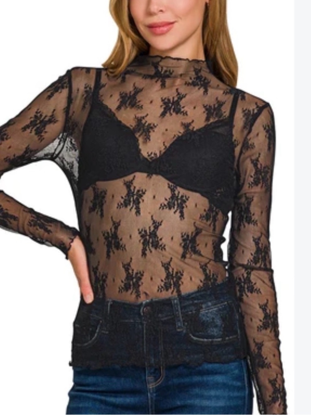 Sheer Lace Mock Neck Long Sleeve Top - Black